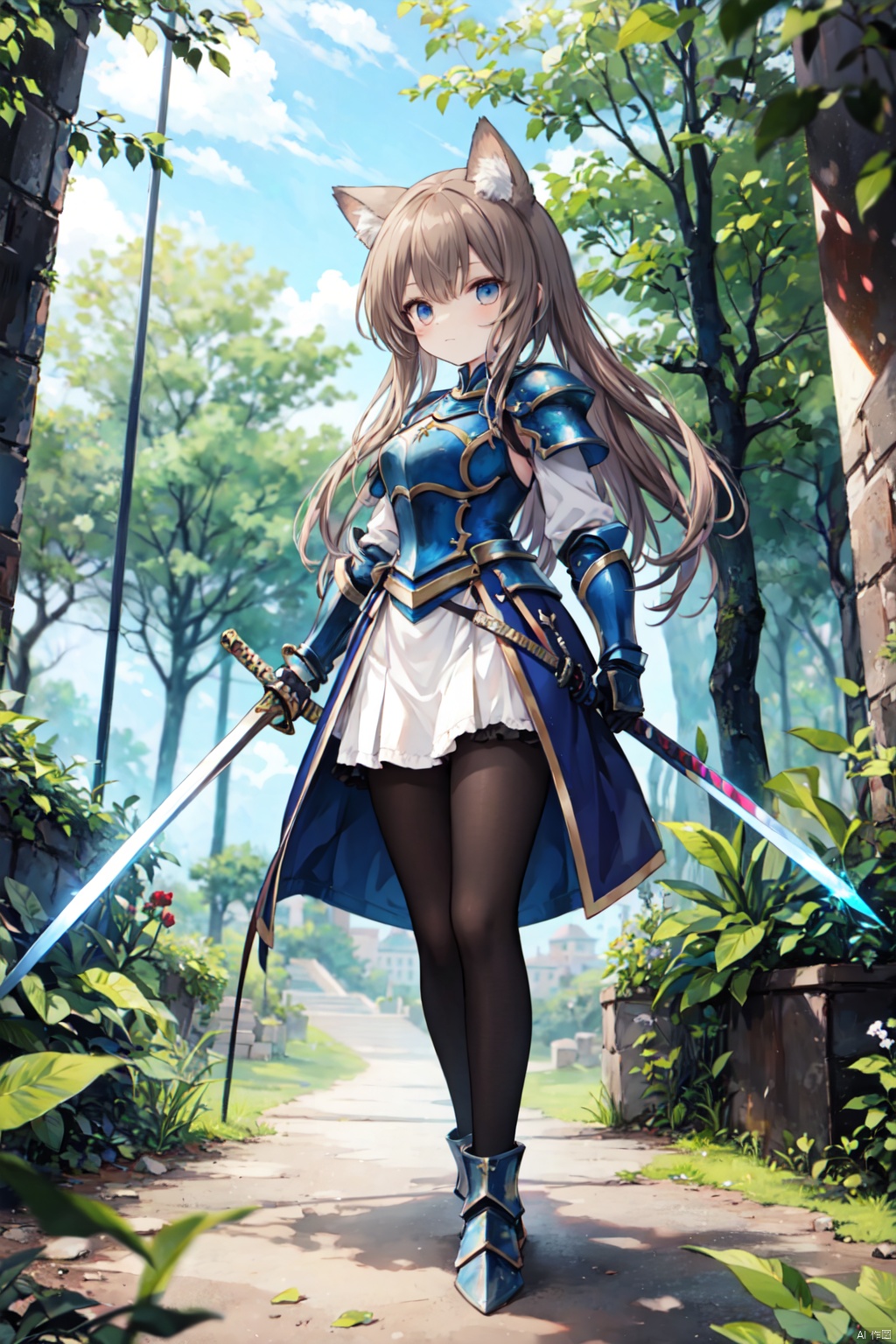 score_9, score_8_up, score_7_up, source_anime,rating_safe, ultra details,masterpiece,4k,best quality, hires,1girl,fox girl,brown haired fox girl, long hair,blue eyes, glowing eyes, full armor, knight, castle in background, planted sword,hands on hilt, holding sword, full body, forest, large sword