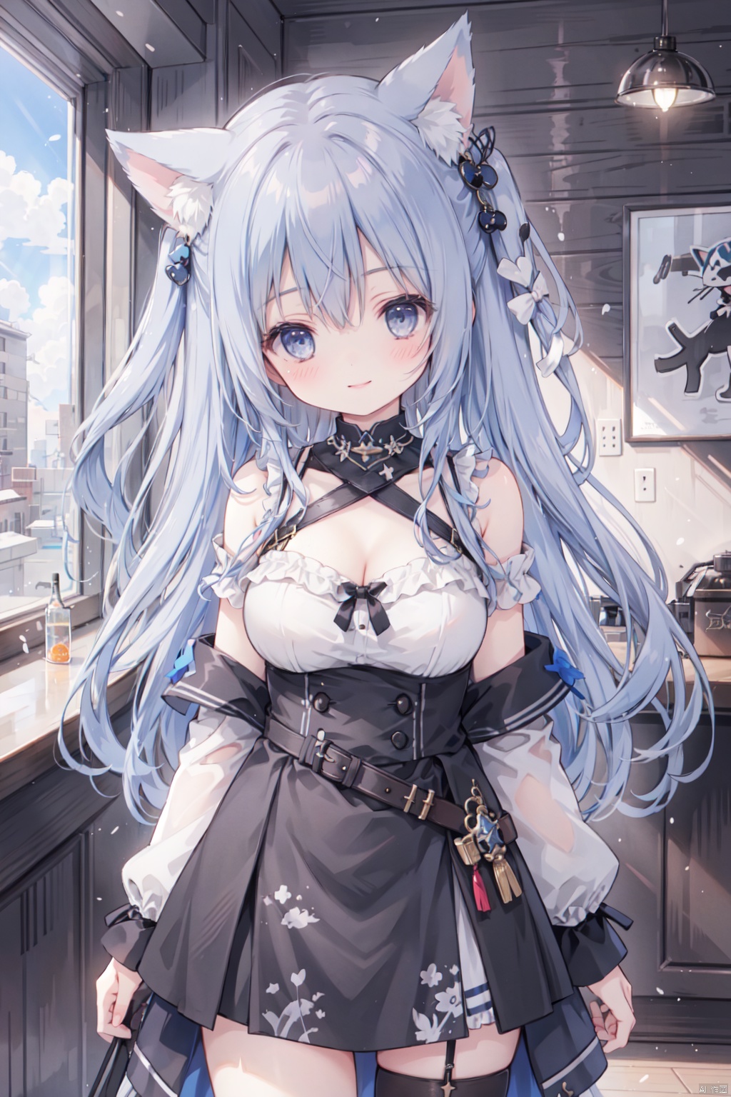 holding_katana,1girl, solo, smile,blue hair,cute,grey eyes,sandstorm,off shoulder,clavicle,(Military uniform),big breasts,thigh,desert,Cleavage,animal_ears,gothic architecture,