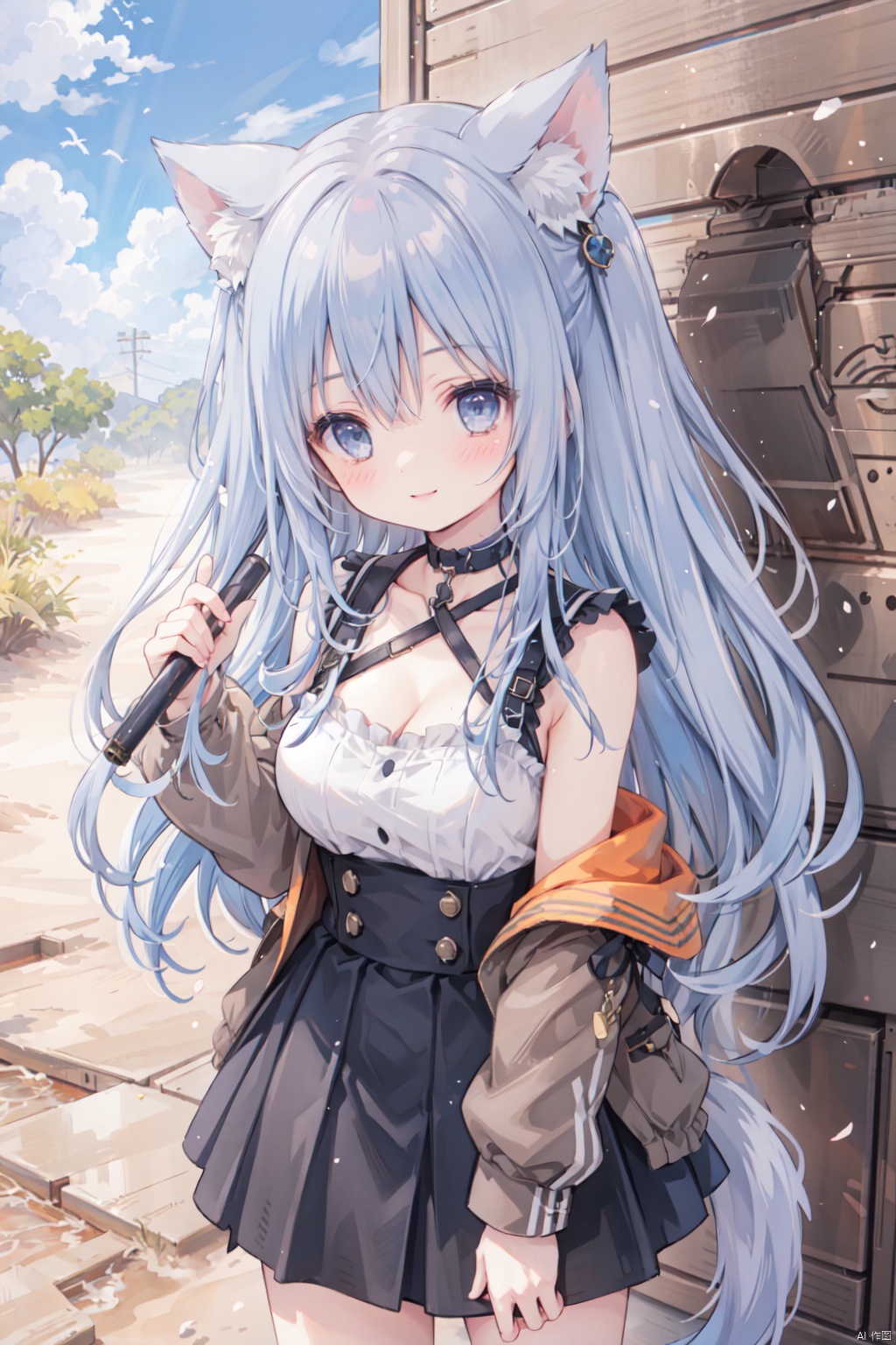 holding_katana,1girl, solo, smile,blue hair,cute,grey eyes,sandstorm,off shoulder,clavicle,(Military uniform),big breasts,thigh,desert,Cleavage,animal_ears,The cracked earth,