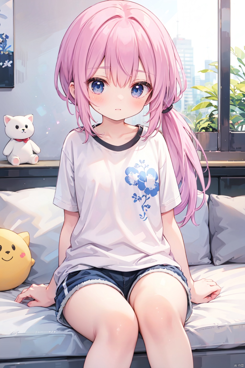 (low ponytail:1.1),pink_hair,crossed bangs,solo,shirt,shorts,thigh,breast,seated,blue eyes,shigetoakiho,loli,