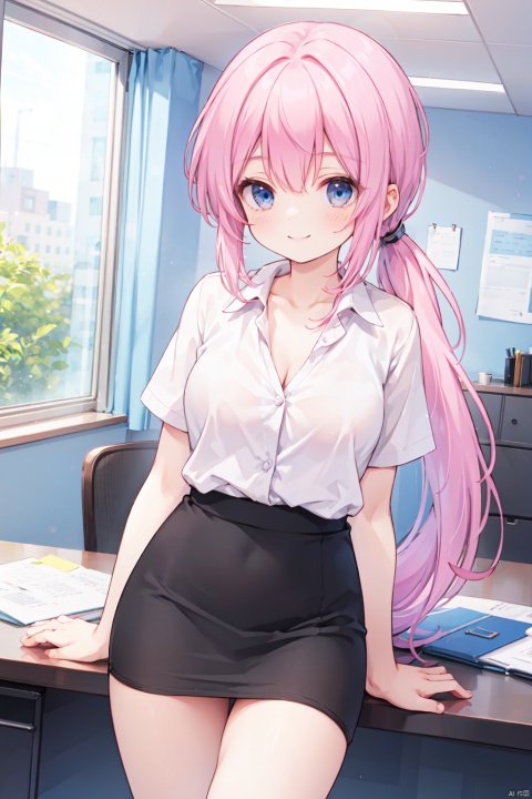 solo,(low ponytail:1.1),(pink_hair),crossed bangs,smile,(white collared blouse),Button,Short sleeved,business,thigh,office_lady,pencil skirt,white panties,formal,breast,collarbone,Cleavage,blue eyes,shigetoakiho,