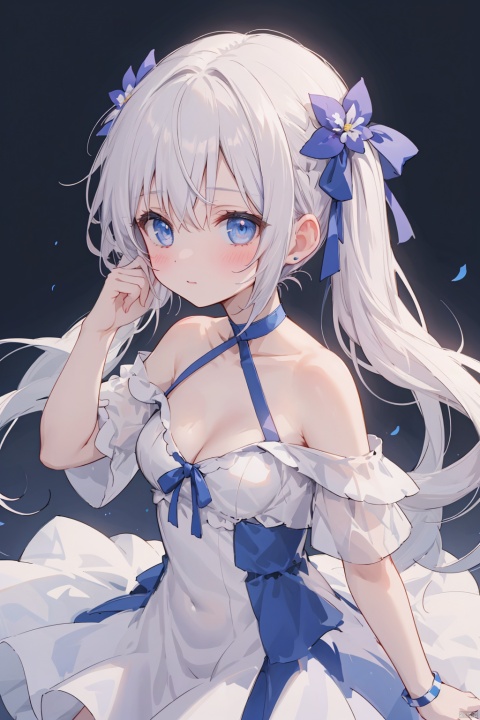 (bare neck),1girl, solo,neck,nape,long hair,white hair,blue eyes,collarbone,off-shoulder,bare shoulders,hair_ribbons, short sleeves,tiny_breasts,cleavage,Hair tip,short dress,pigtails,cowboy_shot,thigh,flower,