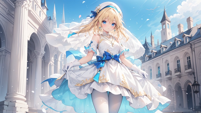 solo,1girl,artist_name,blonde_hair,medium hair,
blue_eyes,wedding dress,blue dress,Standing in the distance,yellow dress,medium_breast,bow,Fantasy architecture,necklace,white beret,(white_pantyhose),Brown gloves, white pantyhose