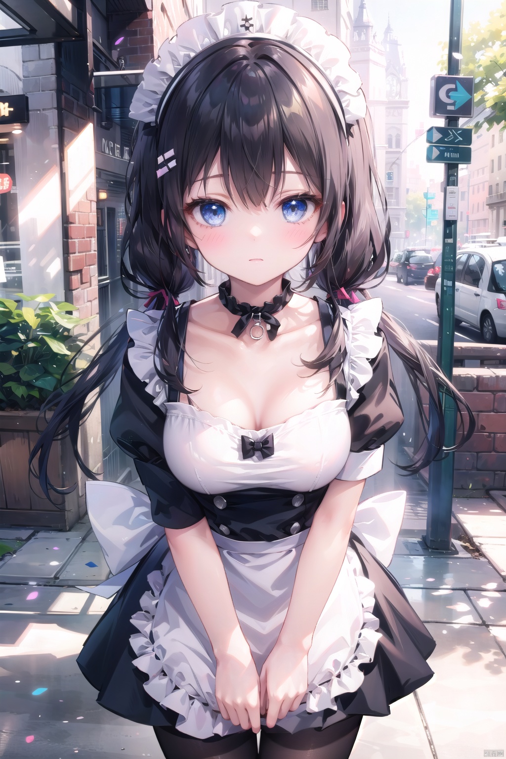 1girl,black long hair,(low twintails:1.2),medium breast,pantyhose,blue eye,collarbone,(maid),Stockings,(maid),outdoor,exposed,blush,