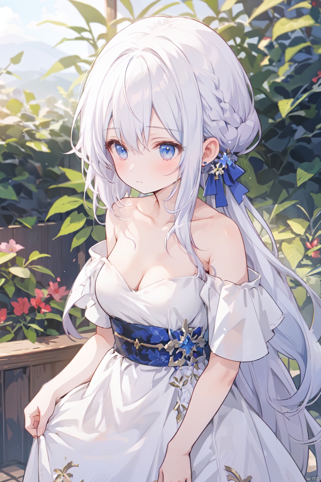  (low ponytail),1girl, solo,very long hair,white hair,blue eyes,collarbone,off-shoulder,bare shoulders,(strapless:1.1),short sleeves,tiny_breasts,cleavage,Hair tip,short dress,cowboy_shot,thigh,flower,