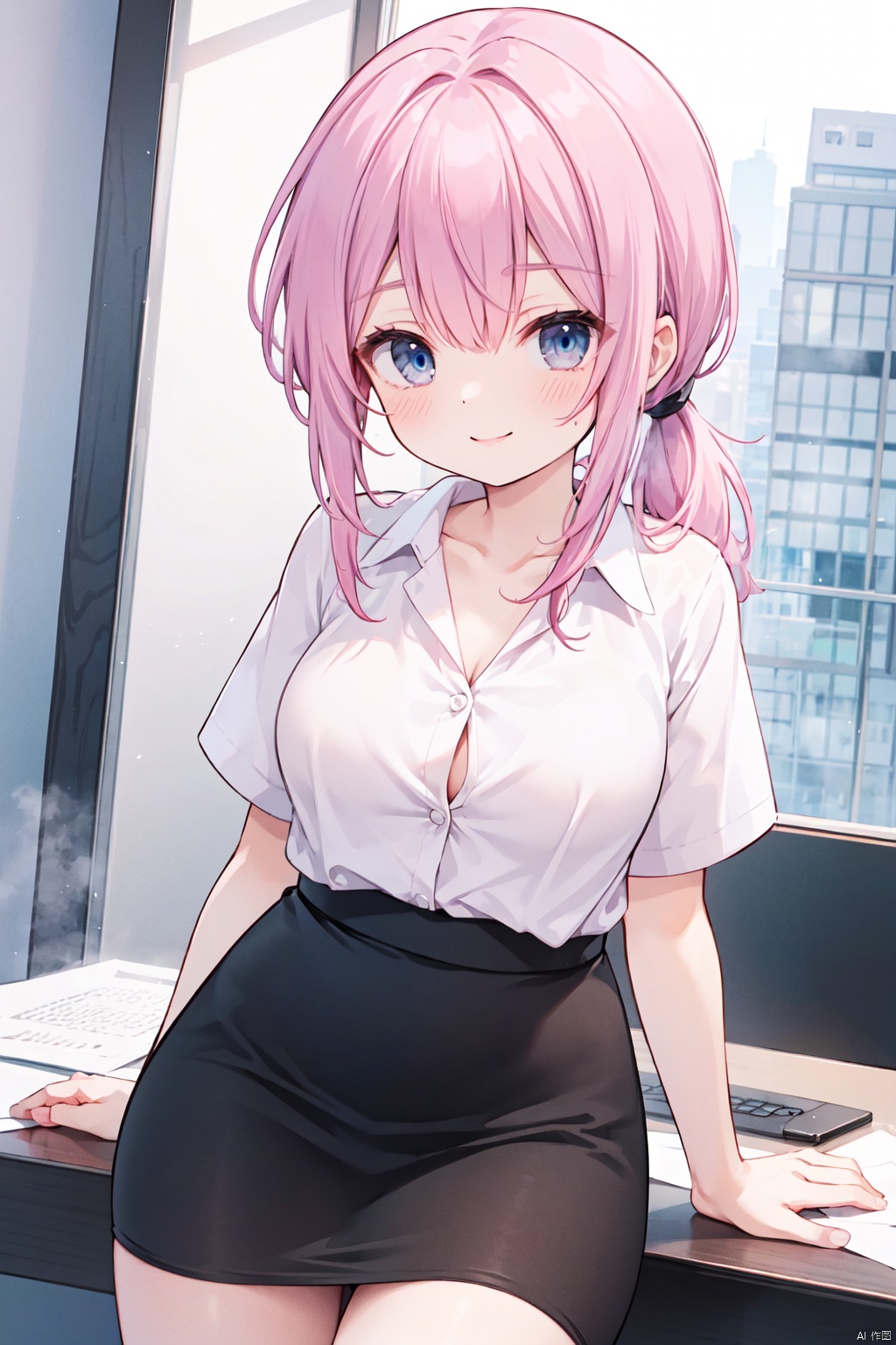 solo,(low ponytail:1.1),(pink_hair),crossed bangs,smile,white blouse,collared blouse,Button,Short sleeved,business,thigh,office_lady,black pencil skirt,white panties,formal,breast,collarbone,blue eyes,shigetoakiho,NFSW,