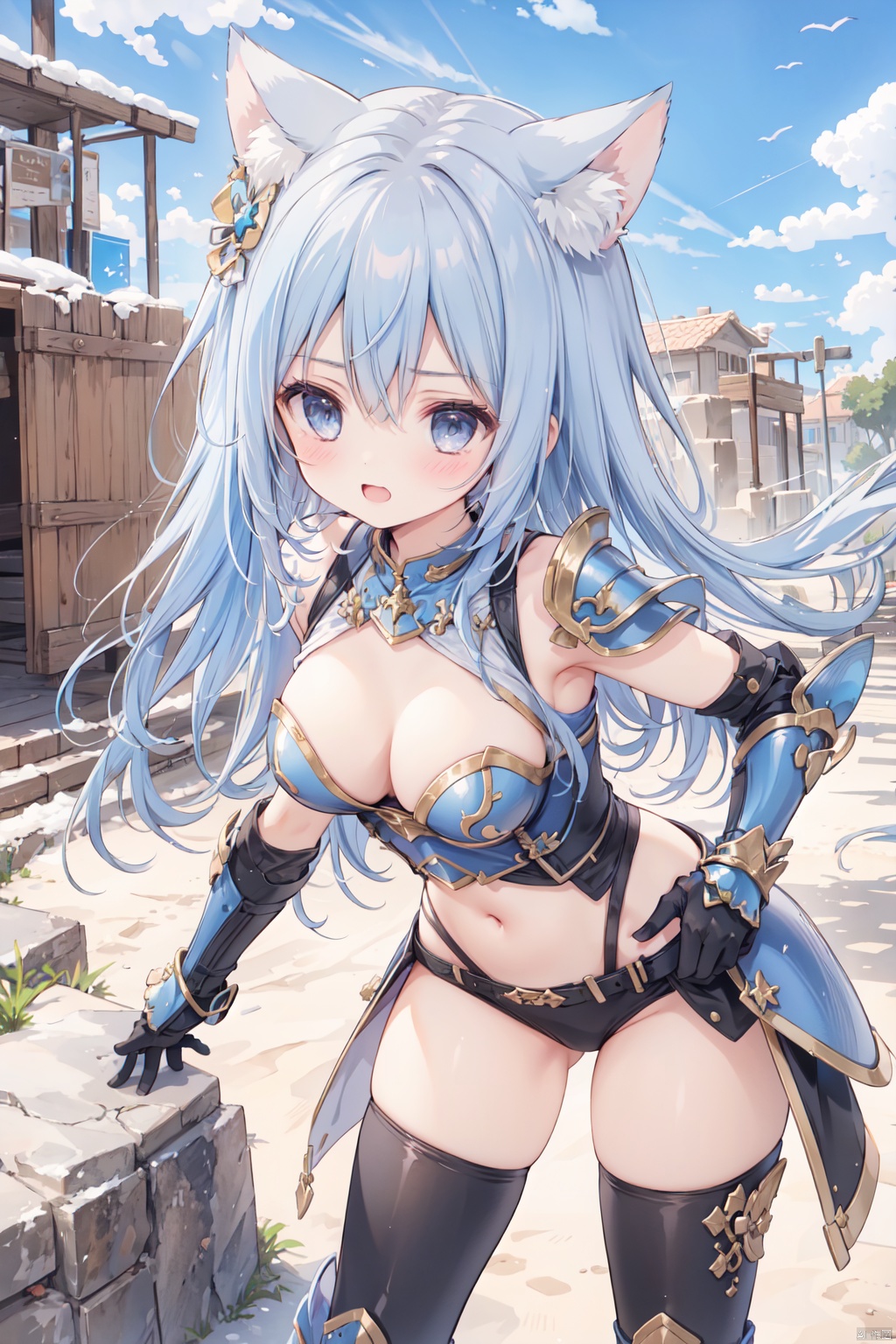 1girl,solo,blue hair,cute,grey eyes,sandstorm,(armor:1.3),big breasts,thigh,desert,animal_ears,The cracked earth,Escarpment,stone,village,action,fighting stance,aggressiveness,scowl, bend over backwards,black armor, 