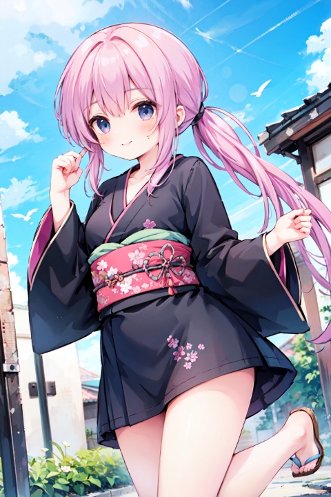 jumping,(low ponytail:1.1),pink_hair,crossed bangs,solo,smile,(black kimono),long sleeved,red printing,thigh,breast,Cleavage,collarbone,sky,blue eyes,shigetoakiho,