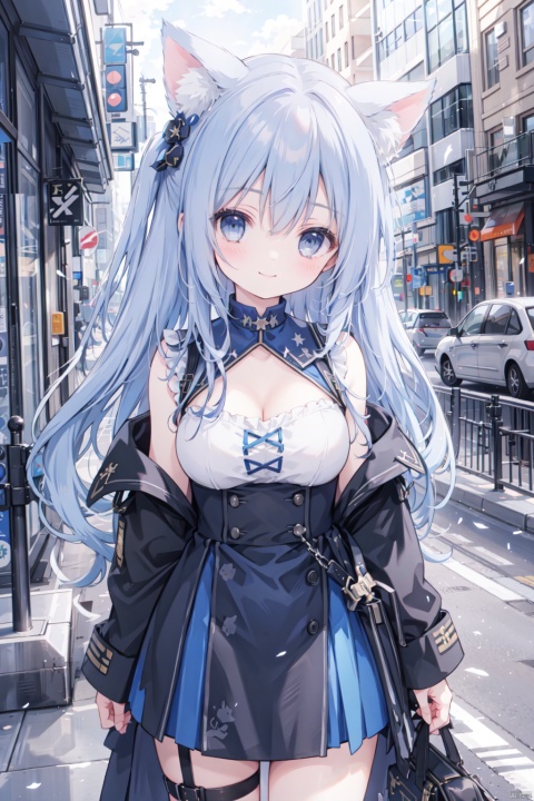 holding_katana,1girl, solo, smile,blue hair,cute,grey eyes,city,off shoulder,clavicle,(Military uniform:1.3),big breasts,thigh,street,Cleavage,animal_ears,gothic architecture,girl, blue archive