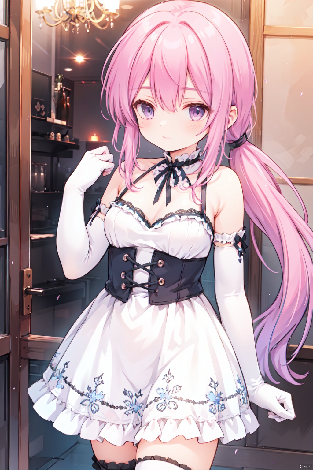  1girl,(pink_hair),crossed bangs,(low ponytail),blue eyes,collarbone,gothic_lolita,cleavage,Hair tip,white dress,elbow gloves,cowboy_shot,thigh,frilled, dressshort ponytail,lace-up boots,shigetoakiho