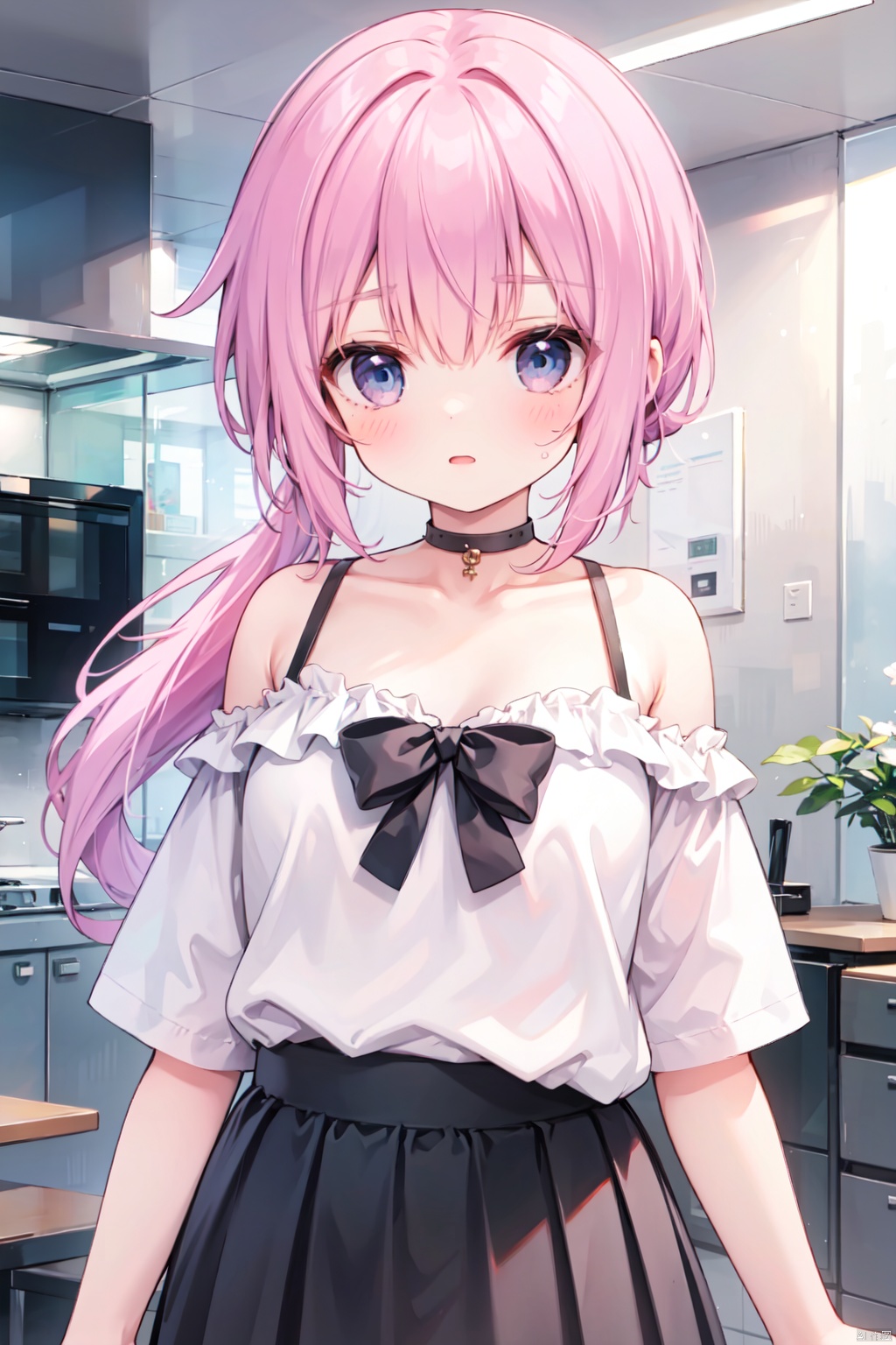 (low ponytail),1girl,solo,skirt,pink hair,shirt,short sleeves, bare shoulders,blue eyes,medium breasts,collarbone,off shoulder,skirt,blouse,off-shoulder blouse,loil