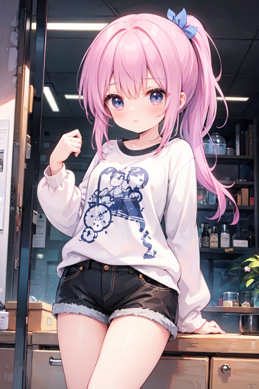 (low ponytail:1.1),pink_hair,crossed bangs,solo,Steampunk,shirt,shorts,(leather_clothes),thigh,breast,blue eyes,shigetoakiho,loli,