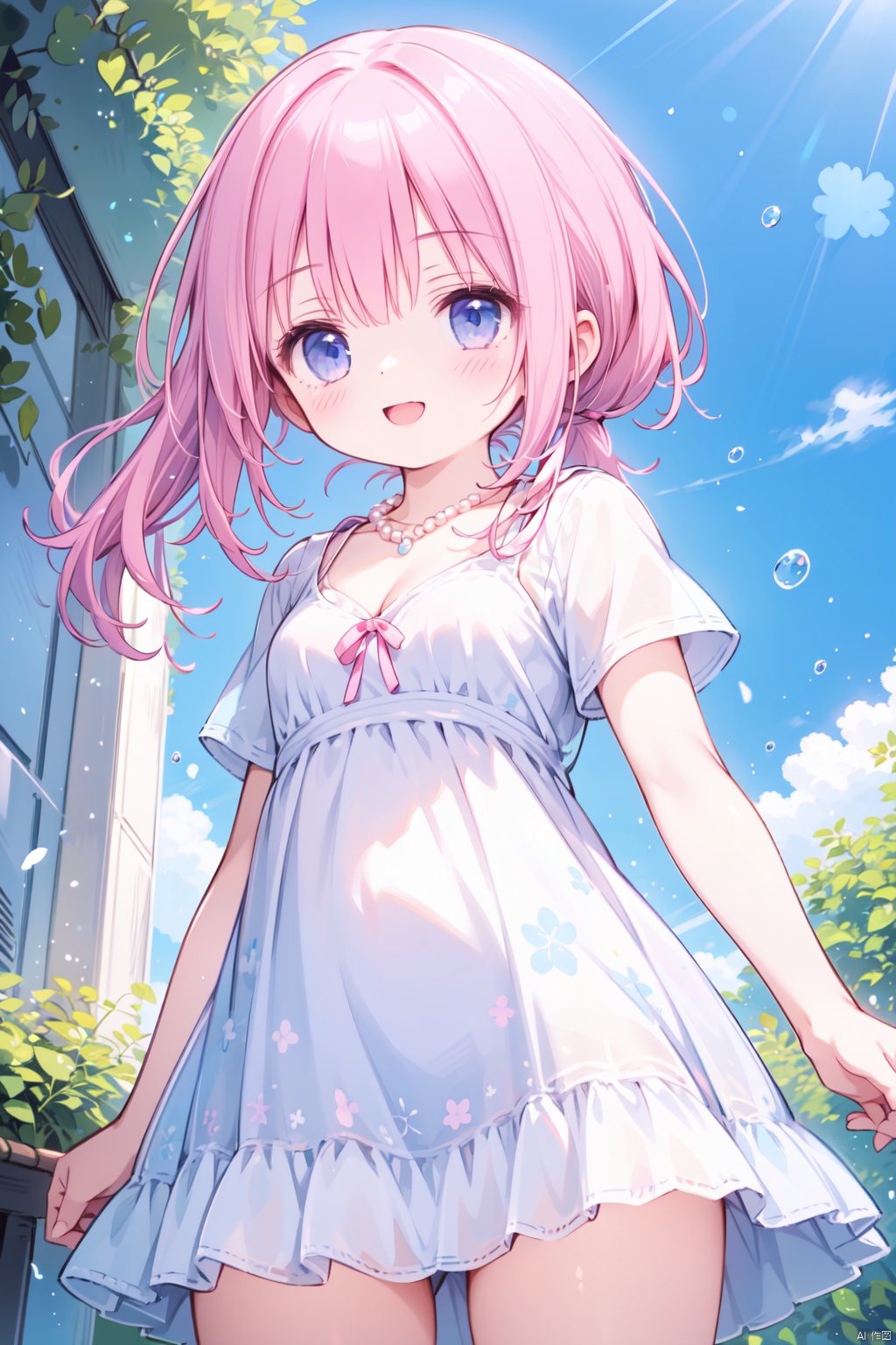  1girl,(pink_hair:1.1),crossed bangs,(low ponytail),blue eyes,collarbone,short sleeves,cleavage,purple dress,open mouth,short ponytail,happy,pearl necklace,shine,smirk,illustration,outdoor,detailed eyes,perfect face,frill,from below,cowboy_shot,thigh,