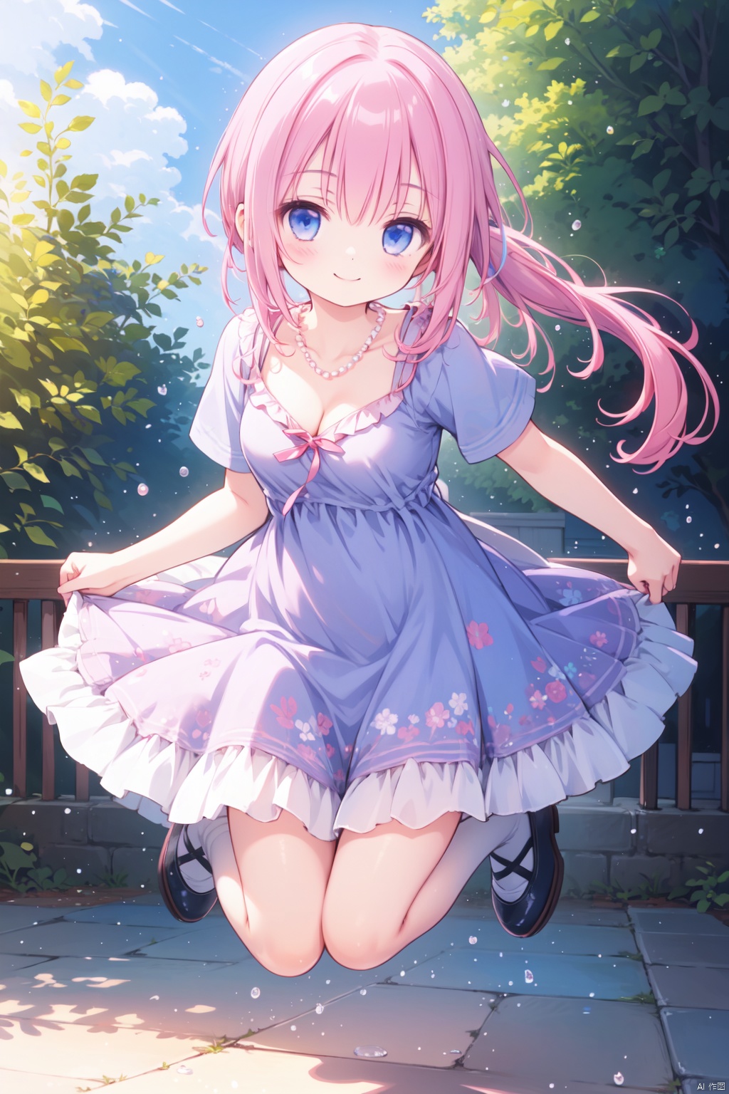  1girl,(pink_hair:1.1),crossed bangs,(low ponytail),blue eyes,collarbone,short sleeves,cleavage,purple dress,full body,thigh,short ponytail,smile,happy,pearl necklace,shine,naughty smile,jumping,illustration,outdoor,detailed eyes,perfect face,frill,