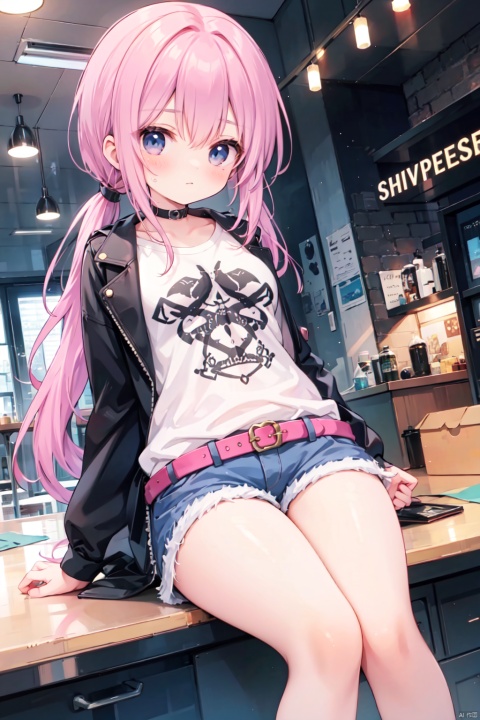 (low ponytail:1.1),pink_hair,crossed bangs,solo,Steampunk,shirt,shorts,(leather_clothes),thigh,breast,blue eyes,shigetoakiho,loli,