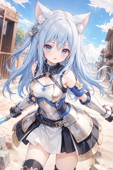  1girl,solo,blue hair,cute,grey eyes,sandstorm,(armor:1.3),big breasts,thigh,desert,animal_ears,The cracked earth,Escarpment,stone,village,action,fighting stance,aggressiveness,scowl,leaning forward,attack,armor,punch,