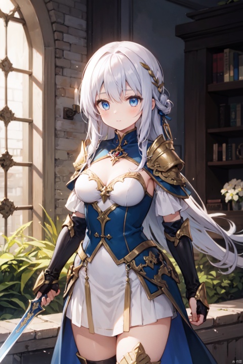 1girl,blue eyes,gauntlets,one-hand-hilt,hand on hilt,holding sword,planted sword,standing,medieval,
fantasy,medium breast,cowboy_shot,