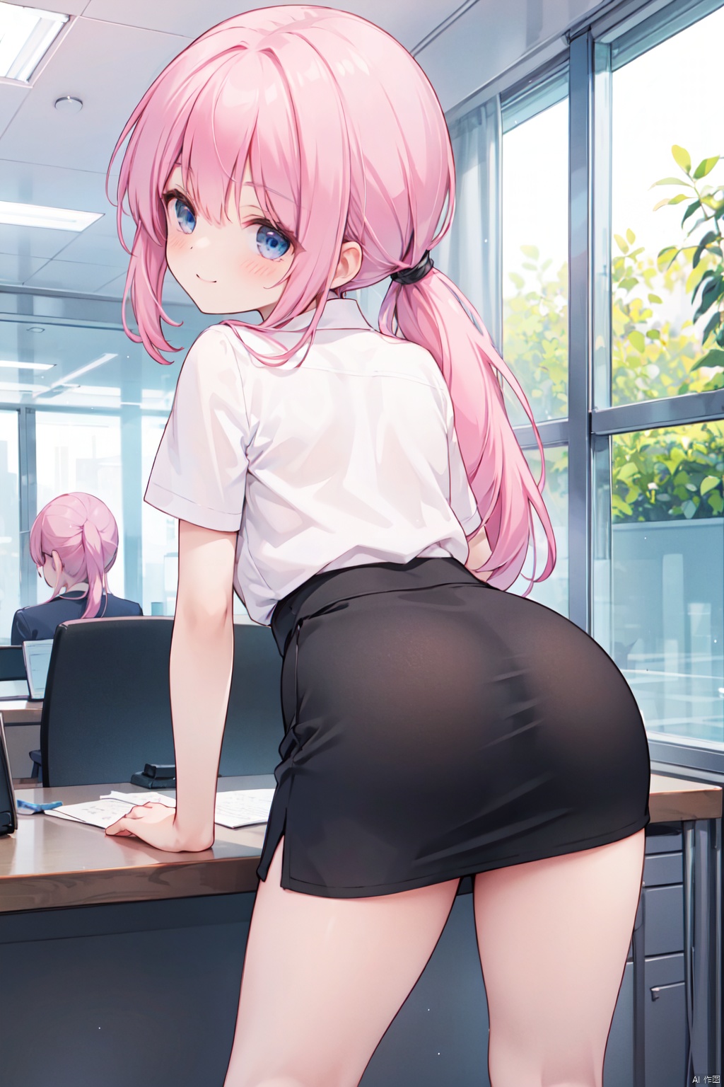 (viewed_from_behind),contrapposto,bent over,solo,(low ponytail:1.1),(pink_hair),smile,(white collared blouse),Button,Short sleeved,business,thigh,office_lady,black pencil skirt,behind,breast,[ass],spread legs,blue eyes,shigetoakiho,