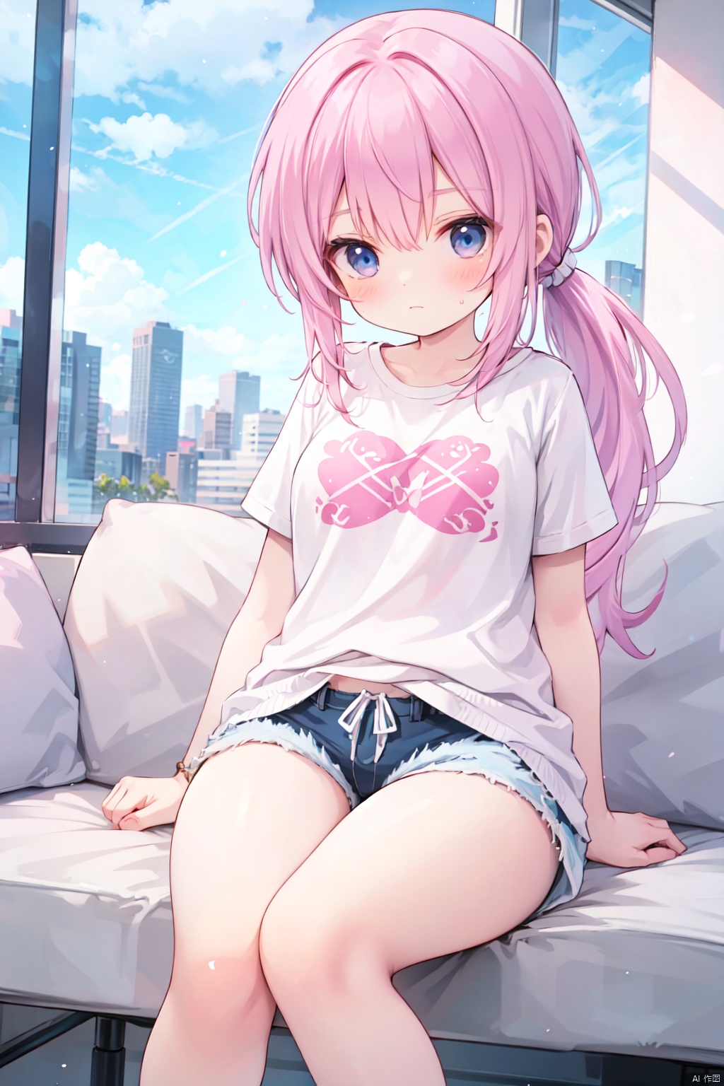 (low ponytail:1.1),pink_hair,crossed bangs,solo,shirt,shorts,thigh,breast,seated,blue eyes,shigetoakiho,loli,