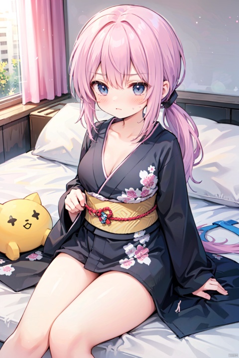 on bed,(low ponytail:1.1),pink_hair,crossed bangs,solo,annoyed,(black kimono),long sleeved,red printing,thigh,breast,Cleavage,collarbone,blue eyes,shigetoakiho,