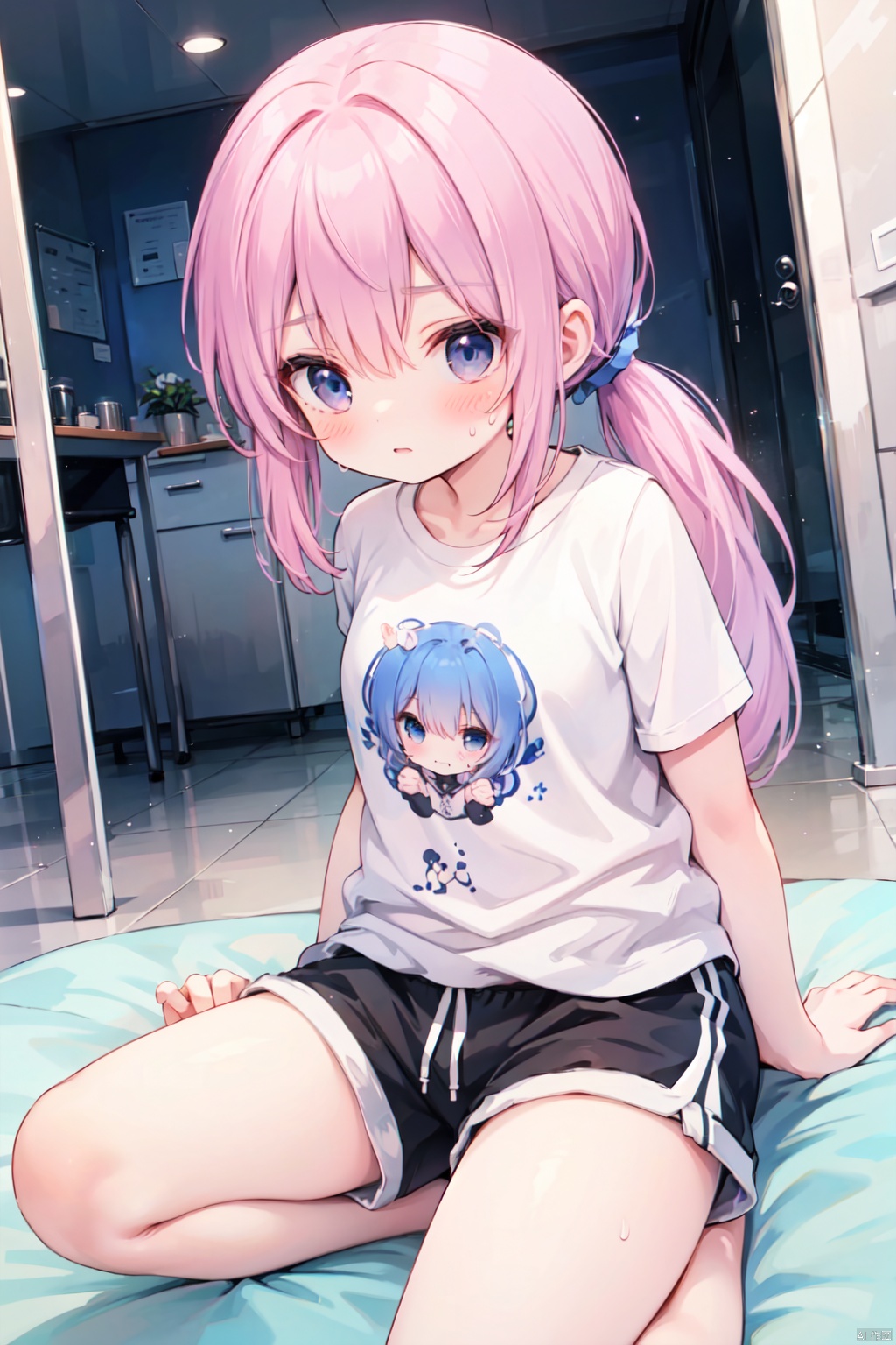 (low ponytail:1.1),pink_hair,crossed bangs,solo,shirt,shorts,thigh,breast,seated,blue eyes,(sweatpants),shigetoakiho,loli,