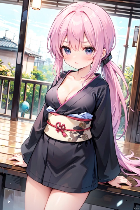 standing,(low ponytail:1.1),pink_hair,crossed bangs,solo,annoyed,(black kimono),long sleeved,red printing,thigh,big breast,Cleavage,collarbone,blue eyes,shigetoakiho,loli,
