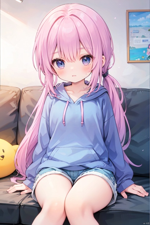 (low ponytail:1.1),pink_hair,crossed bangs,solo,shirt,shorts,thigh,breast,seated,blue eyes,(hoodie),shigetoakiho,loli,