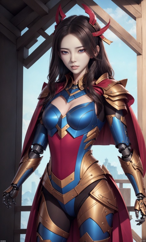  8k, best quality, masterpiece, illustration, an extremely delicate and beautiful, extremely detailed ,CG ,unity ,wallpaper, finely detail, official art, unity 8k wallpaper, incredibly absurdres, quan,ban,,red cape,malenia_blade, hjyzbrobot, machine,1girl, hjyjiazhourbt,blue armor,Slim,mechanical part, leidianjiangjun, tianqi, lida