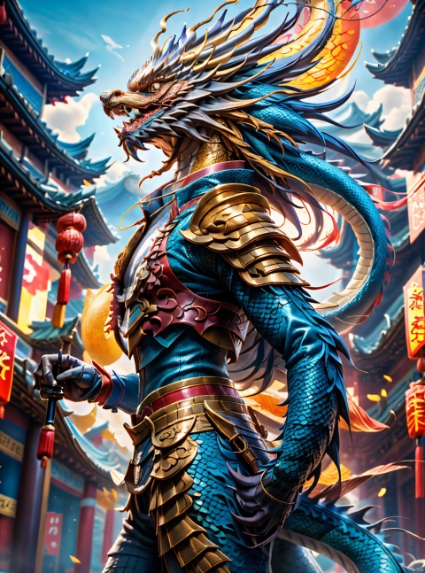  Chinese dragon,Blue scales,Leading man,Armor,Metallic texture,,hanfu,wing, print robe,3d,cg,filmmaker, backlight, (\long yun heng tong\), (\long wang ga ma\),中国龙,机甲,高达, girl