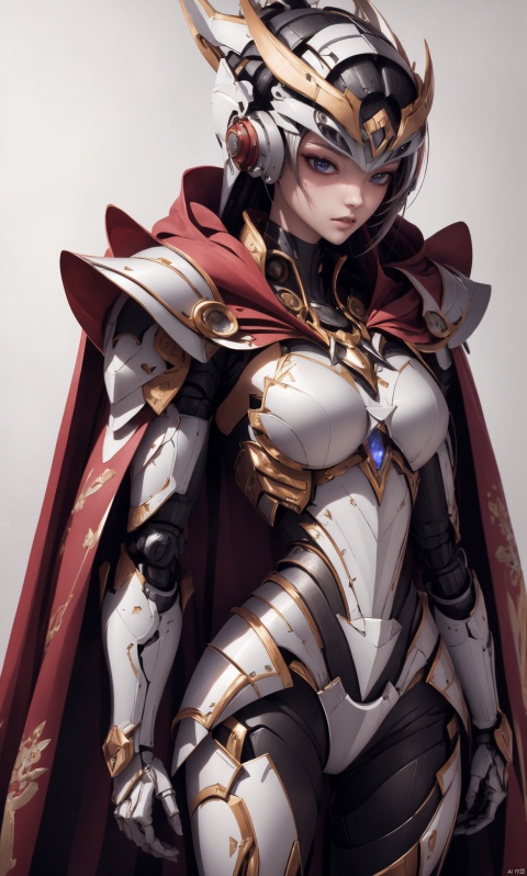  8k, best quality, masterpiece, illustration, an extremely delicate and beautiful, extremely detailed ,CG ,unity ,wallpaper, finely detail, official art, unity 8k wallpaper, incredibly absurdres, quan,ban,,red cape,malenia_blade, hjyzbrobot, machine,1girl, hjyjiazhourbt,White armor,