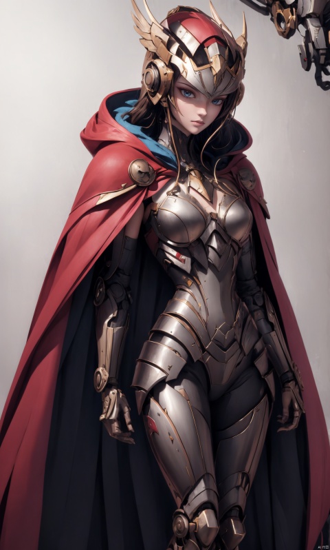  8k, best quality, masterpiece, illustration, an extremely delicate and beautiful, extremely detailed ,CG ,unity ,wallpaper, finely detail, official art, unity 8k wallpaper, incredibly absurdres, quan,ban, cursed_left_arm,winged helmet,red cape,malenia_blade, hjyzbrobot, machine,1girl, hjyjiazhourbt