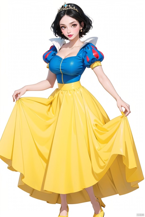  1girl, solo, smile, skirt, simple background, black hair, white background, dress, brown eyes, full body, short sleeves, puffy sleeves, hand up, puffy short sleeves, makeup, tiara,, lipstick, skirt hold, yellow skirt, yellow footwear, Snow White,Big breasts,cleavage cutout, Anime, seductive eyes