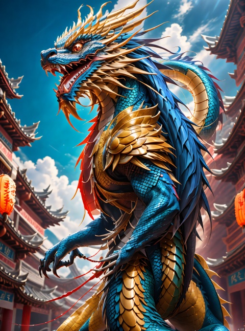  Chinese dragon,Blue scales,Leading man,Armor,Metallic texture,,hanfu,wing, print robe,3d,cg,filmmaker, backlight, (\long yun heng tong\), (\long wang ga ma\)