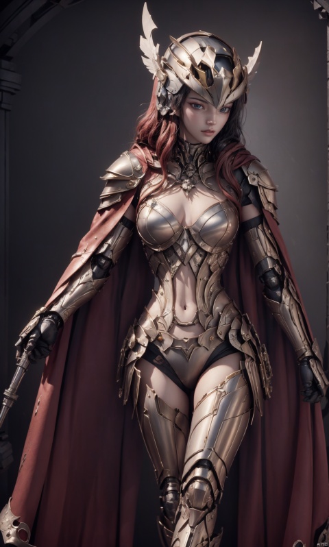  8k, best quality, masterpiece, illustration, an extremely delicate and beautiful, extremely detailed ,CG ,unity ,wallpaper, finely detail, official art, unity 8k wallpaper, incredibly absurdres, quan,ban, cursed_left_arm,winged helmet,red cape,malenia_blade, hjyzbrobot, machine,1girl