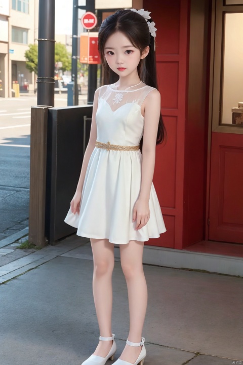  1girl,,Young children, little girls, young girls,,loli,l,8 years old,full_body,Petite,Cute,, ((((white dress,)))),Pupils,Seductive posture,Lovely big eyes,1girl,Double ponytail,,standing,blurry background,White skin,Sideways,,Beautiful eyes,red hair,Dynamic blur, , guofeng,Streets, guofeng, pf-hd,梨涡彤彤