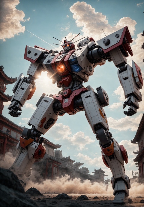  ,Fighting posture, , Surrealism, from below, Nikon, Surrealism, backlighting, 8k, super detail, high quality, high details, UHD, award winning, textured skin, anatomically correct, Real, shanhaijing, BJ_Gundam_SDXL, juemei,solo, juemei,Metallic texture, juemei,upper_body,solo, red eyes, standing, cloud, no humans, Glowing eyes,, China ancient style robot, mecha, science fiction, looking ahead,