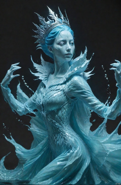  Water Elemental Character Queen,Real photos,,Side lightfight,, anatomically correct, ((Tyndall effect)), Strong contrast, Flooding, Facial light and shadow details, Surrealism, ray tracing, cinematic lighting, Surrealism, chiaroscuro, from below, 8k, super detail, high quality, award winning, best quality, retina, UHD, highres, super detail, Textured skin, masterpiece, 16k,sfw
