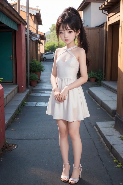  1girl,,Young children, little girls, young girls,,loli,l,8 years old,full_body,Petite,Cute,, ((((white dress,)))),Pupils,Seductive posture,Lovely big eyes,1girl,Double ponytail,,standing,blurry background,White skin,Sideways,,Beautiful eyes,red hair,Dynamic blur, , guofeng,Streets, guofeng, pf-hd