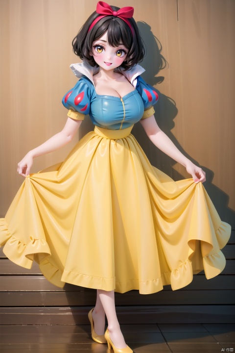  1girl, solo, smile, skirt, simple background, black hair, white background, dress, brown eyes, full body, short sleeves, puffy sleeves, hand up, puffy short sleeves, makeup,,, lipstick, skirt hold, yellow skirt, yellow footwear, Snow White,cleavage cutout, Anime, seductive eyes, blue coat, giant_breasts,