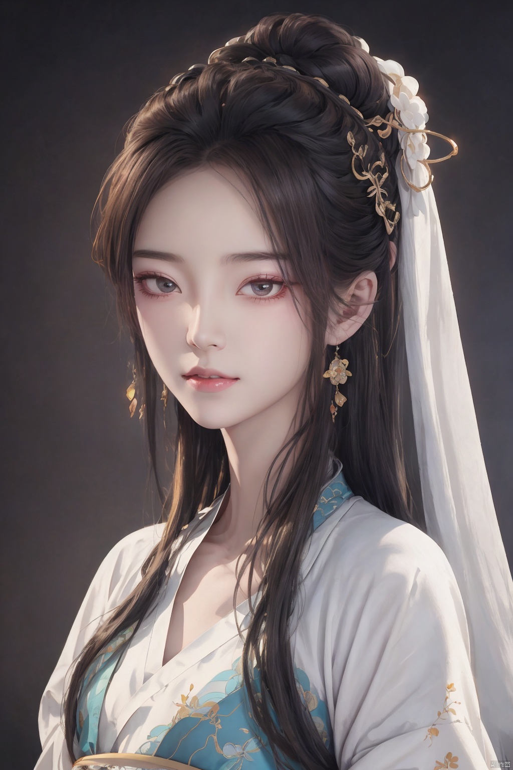  A mesmerizing and visually stunning artwork featuring a single female figure, created by a renowned artist, showcasing intricate details and vibrant colors. Official art quality with a strong aesthetic appeal. High resolution rendering in 4K, huliya, 1girl,White hanfu,
,Gemstones, ornaments, flash, diffusion, juemei,Textured skin,Textured hair,smile