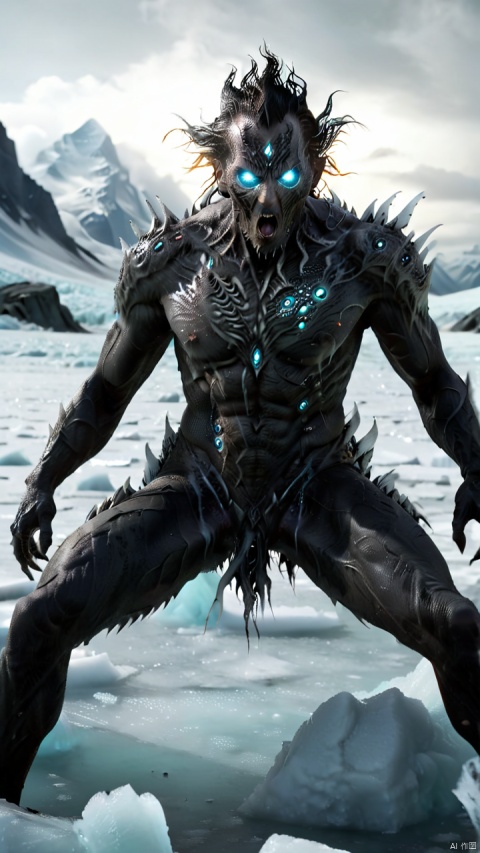  A creature, film effects, (extremely complex: 1.3), action poses, ice field sanctified with ghostly creatures, multiple eyes