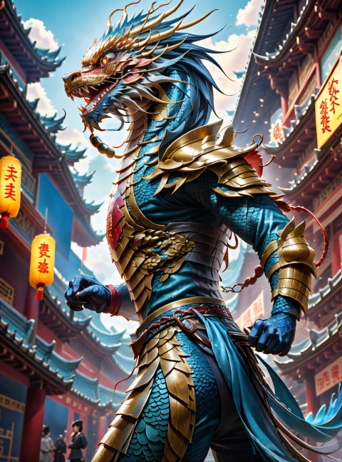  Chinese dragon,Blue scales,Leading man,Armor,Metallic texture,,hanfu,wing, print robe,3d,cg,filmmaker, backlight, (\long yun heng tong\), (\long wang ga ma\)