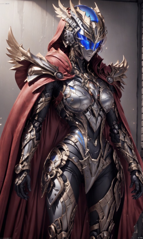  8k, best quality, masterpiece, illustration, an extremely delicate and beautiful, extremely detailed ,CG ,unity ,wallpaper, finely detail, official art, unity 8k wallpaper, incredibly absurdres, quan,ban, cursed_left_arm,winged helmet,red cape,malenia_blade, hjyzbrobot, machine,1girl