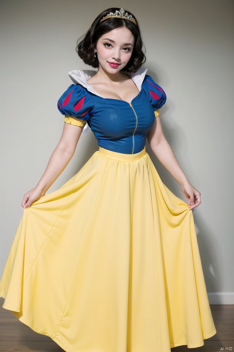  1girl, solo, smile, skirt, simple background, black hair, white background, dress, brown eyes, full body, short sleeves, puffy sleeves, hand up, puffy short sleeves, makeup, tiara,, lipstick, skirt hold, yellow skirt, yellow footwear, Snow White,Big breasts,cleavage cutout, Anime, seductive eyes, blue coat