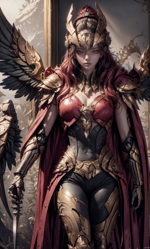  8k, best quality, masterpiece, illustration, an extremely delicate and beautiful, extremely detailed ,CG ,unity ,wallpaper, finely detail, official art, unity 8k wallpaper, incredibly absurdres, quan,ban, cursed_left_arm,winged helmet,red cape,malenia_blade, hjyzbrobot