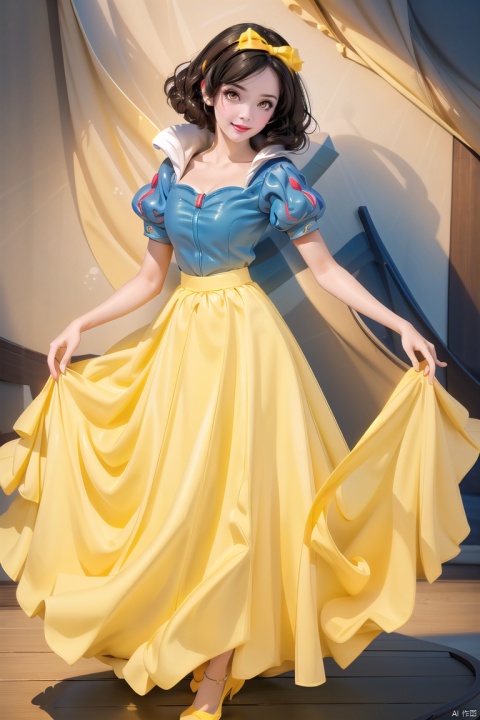 1girl, solo, smile, skirt, simple background, black hair, white background, dress, brown eyes, full body, short sleeves, puffy sleeves, hand up, puffy short sleeves, makeup,,, lipstick, skirt hold, yellow skirt, yellow footwear, Snow White,cleavage cutout, Anime, seductive eyes, blue coat, juemei