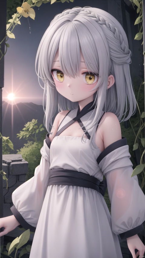  (masterpiece), (best quality), illustration, ultra detailed, hdr, Depth of field, (colorful), loli, yellow theme, the setting sun, Chamomile, Chamomile, cornflower, vines, forest, ruins, lens flare, hdr, Tyndall effect, damp, wet, 1girl, bare shoulders, broken glass, broken wall, white hair, white dress, closed mouth, constel lation, flat color, braid, blinking, white robe, float, closed mouth, constel lation, flat color, looking up, standing, medium hair, standing, solo, juemei, tianqi, , leidianjiangjun