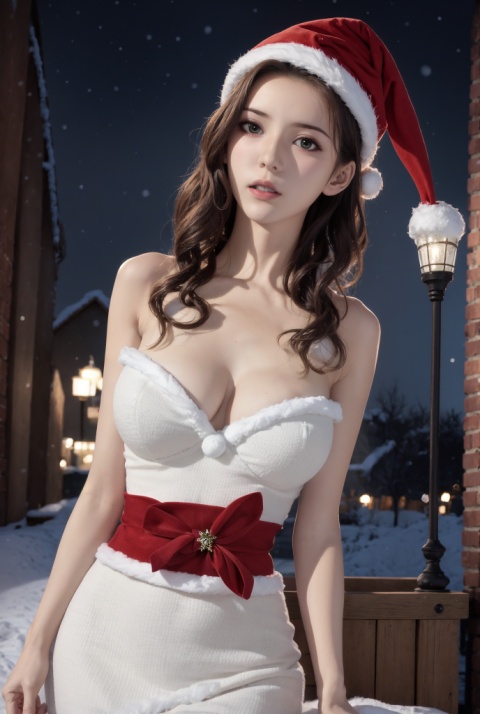  1girl,Christmas Day, 1 girl,It snows, at night,Christmas tree, 1 girl,Christmas hat, Christmas clothes,,Big breasts,Christmas architecture,Look up,Side light,Best quality,16k,Realistic photos,