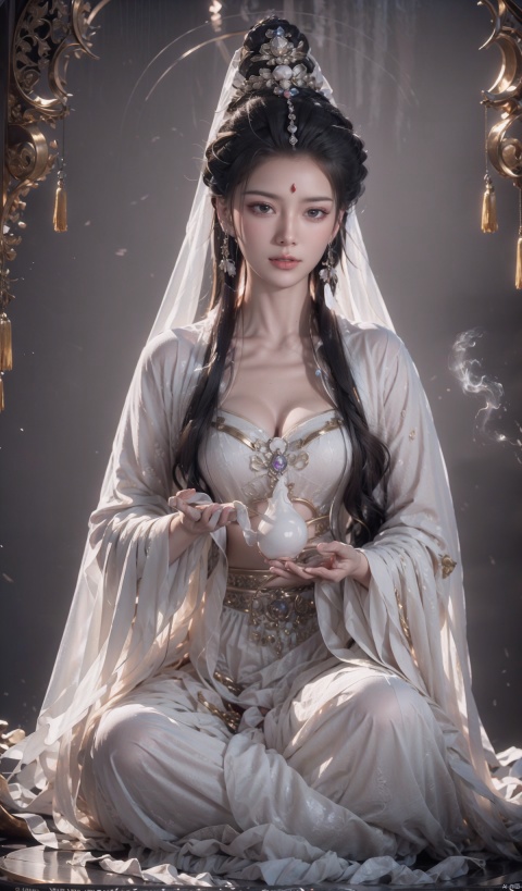  Oriental myth, (close up :1.15), (cleavage cut out, high cut, bare waist, bare legs, bare arms:1.2), Chinese dream Dununhuang Flying sky, super delicate, crystal noble Gorgeous tulle light clothes, behind a pair of translucent gorgeous white wings, soft light, big tits,Big breasts,Cleavage,Low chest,gold wirvire Flying, white feathers, mystery, gems, smoke, Movie HD, lots of detail, surrealism, magic, U Unreal Engine, lighting, 1girl, juemei