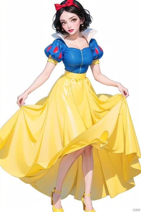  1girl, solo, smile, skirt, simple background, black hair, white background, dress, brown eyes, full body, short sleeves, puffy sleeves, hand up, puffy short sleeves, makeup,,, lipstick, skirt hold, yellow skirt, yellow footwear, Snow White,cleavage cutout, Anime, seductive eyes, blue coat, juemei